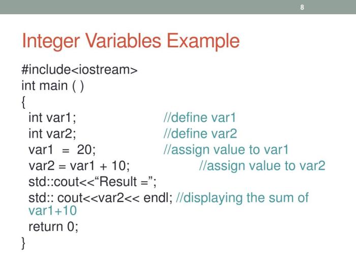 Declare two integer variables named profitstartofquarter and cashflowendofyear.